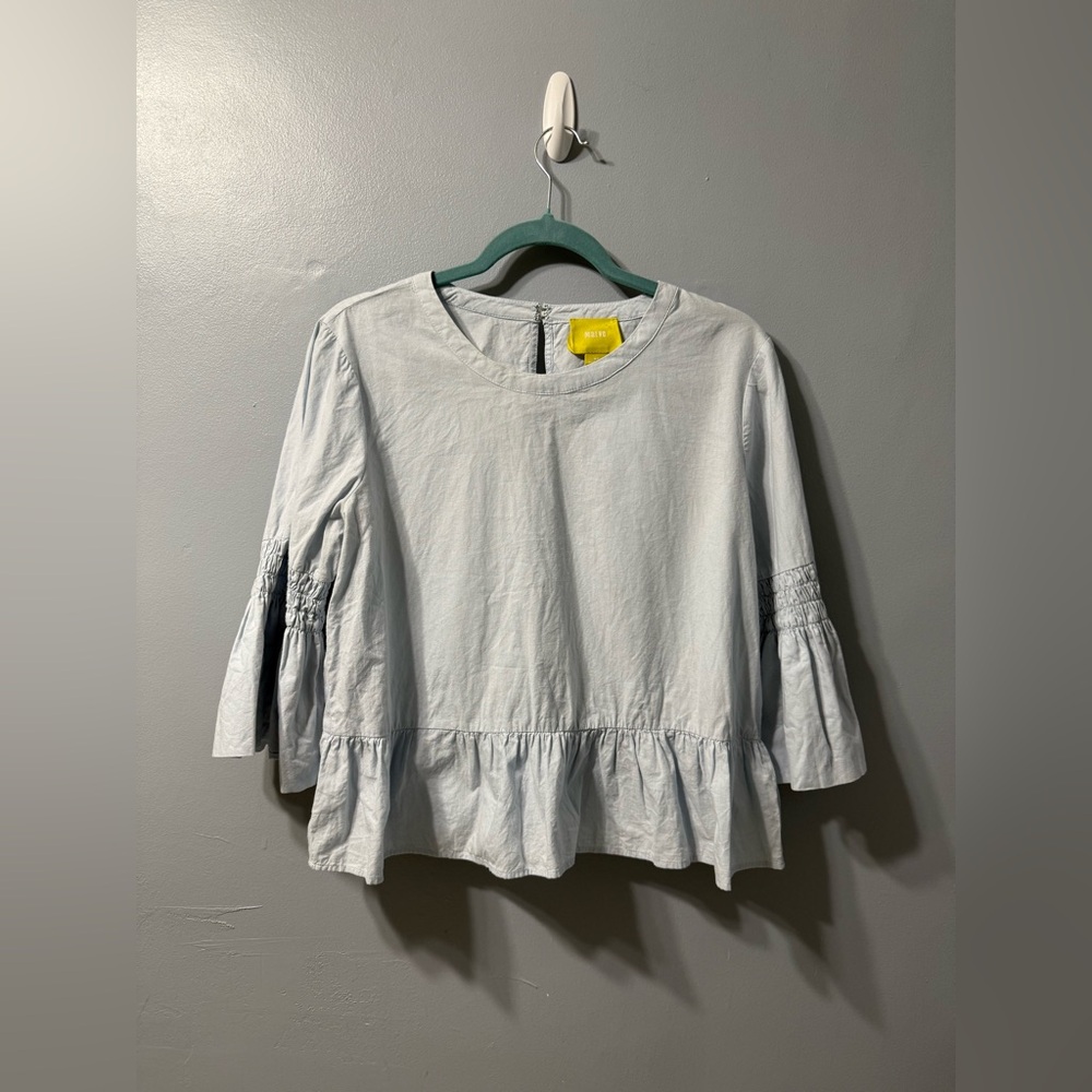 Anthropologie Maeve Light Blue Peplum Top Ruffle Sleeve Women Medium Petite MP